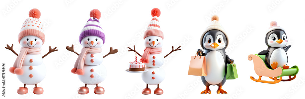 Naklejka premium Charming Christmas character set includes joyful snowmen and a delightful penguin, all dressed in vibrant winter attire, perfect for holiday-themed designs with copy space