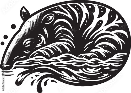 Stylized Black and White Illustration of a Tapir Swimming in Wat