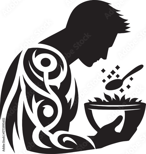 A silhouetted person with a tribal tattoo eating from a bowl, li