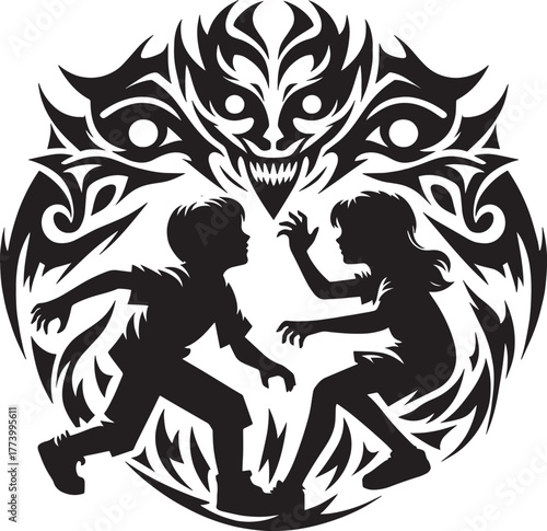 Intriguing Silhouette of Two Children Confronting a Symbolic Mon