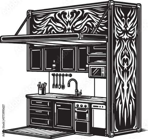 Detailed Black and White Illustration of an Outdoor Kitchen with
