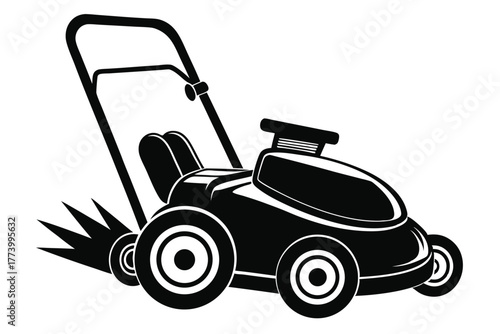 electric lawn mower black and white silhouette on white background