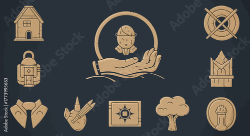 Vintage craftsmanship icons on dark background featuring creative tools and symbols