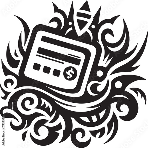 Abstract Black and White Illustration of a Credit Card with Orna