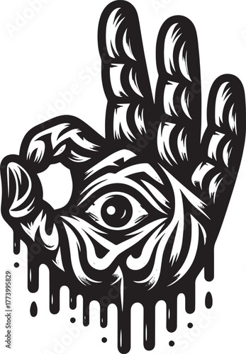 Detailed Black and White Illustration of a Hand with an Eye Symb