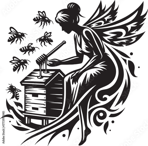 Intricate Black and White Illustration of a Fairy Harvesting Hon