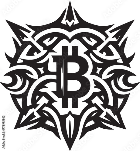 Bitcoin Symbol in a Decorative Tribal Design Representing Crypto