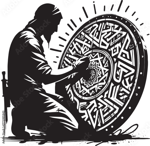 Silhouette of an artisan crafting a detailed circular design wit