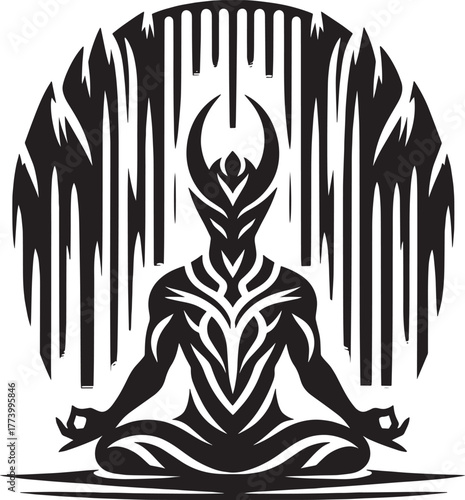Mystical Figure in Meditation with Horns and Intricate Design, S