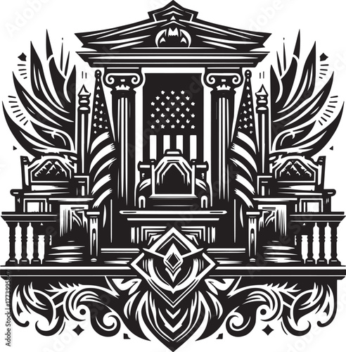 Intricate Black and White Illustration of a Courthouse Featuring