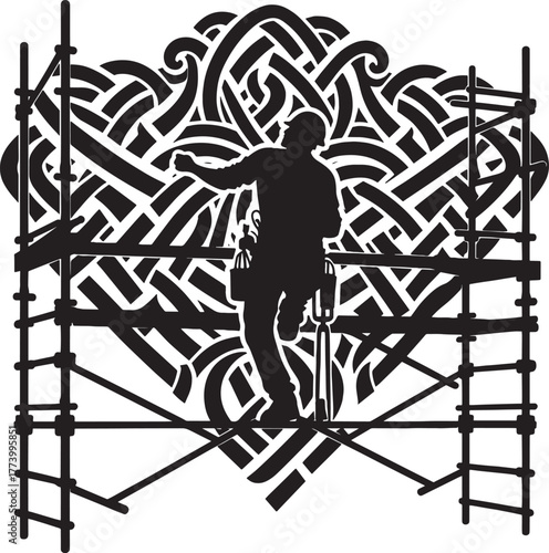 Silhouette of a Construction Worker on Scaffolding with Intricat