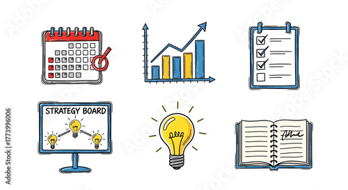 Creative doodle style business icons featuring calendar, graph, checklist, strategy board, lightbulb, and open notebook