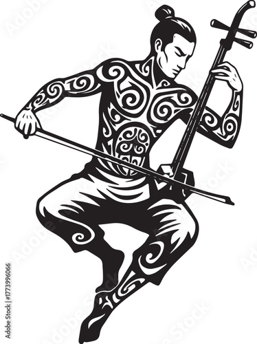 Illustration of a tattooed musician playing a stringed instrumen