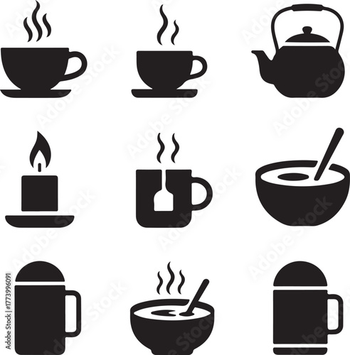 Collection of black silhouette icons for hot beverages and cozy items