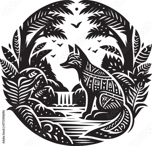 Intricate Black and White Fox Illustration Within a Forest Circl