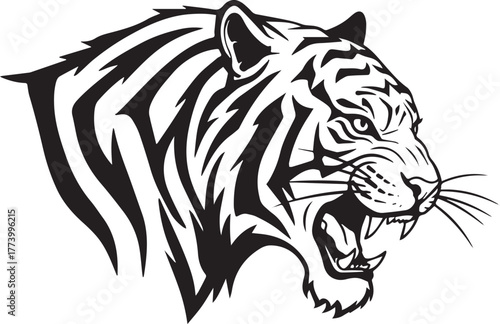 Detailed black and white vector illustration of a roaring tiger