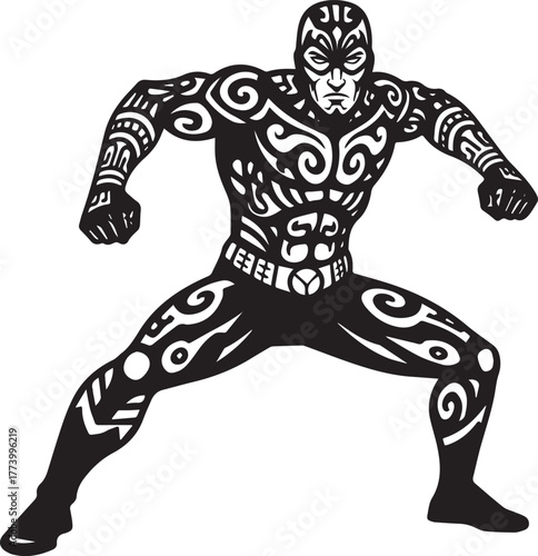 Stylized figure adorned with intricate swirling tribal tattoo pa