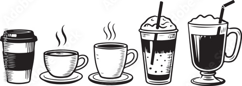 Collection of hand drawn coffee drinks and cups arranged in a row