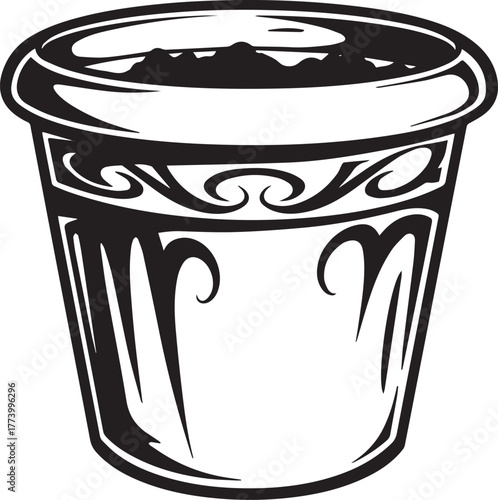 Ornate black and white vector design of a potted plant with soil