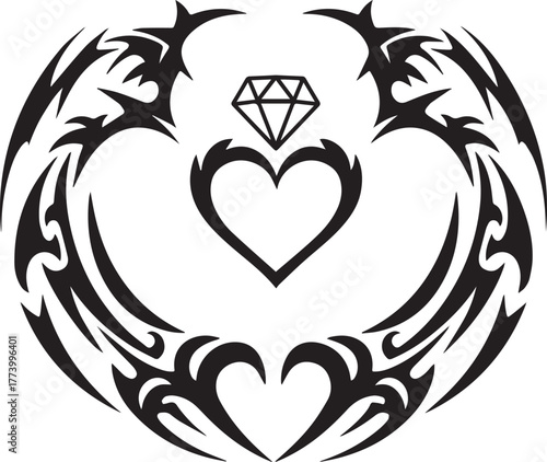 Ornamental Heart with Diamond, Tribal Adornments Design, Symboli