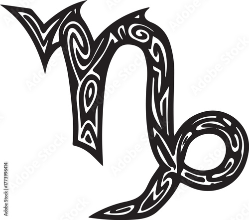 Stylized Capricorn Symbol: Intricate Tribal Art Inspired Astrolo