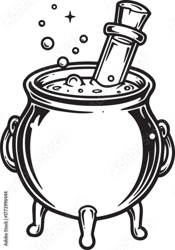 Bubbling Cauldron with Potion Bottle: A Whimsical Witchcraft Ill