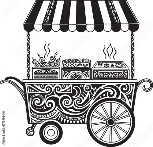 Detailed Ornamental Street Food Cart Illustration, Expressive Bl