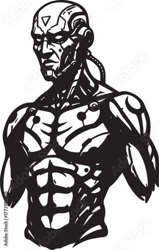 Stylized cyborg warrior illustration showcasing a fusion of orga