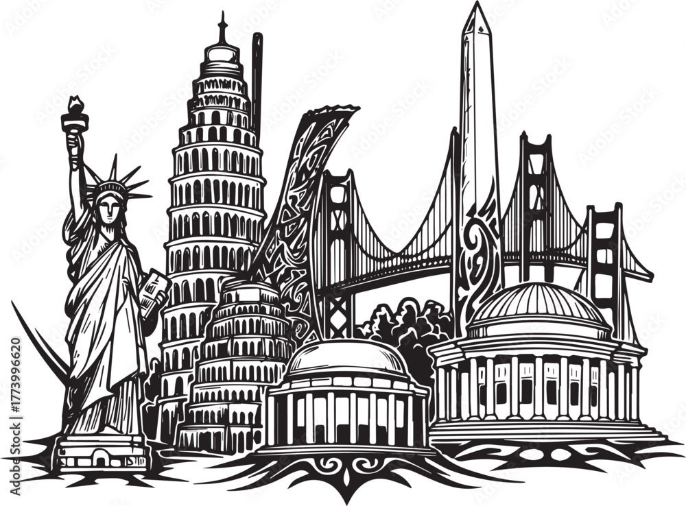 Fototapeta premium Detailed monochrome icon showcasing architectural wonders and gl