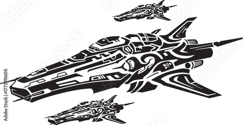 Intricate tattoo-inspired design showcasing stylized spaceships
