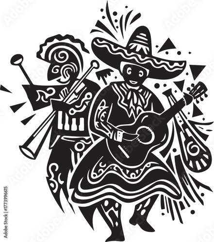 Festive Musical Duo: Traditional Mexican Fiesta Art with Guitar