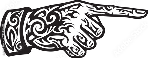 Stylized hand with intricate tribal patterns points to the futur