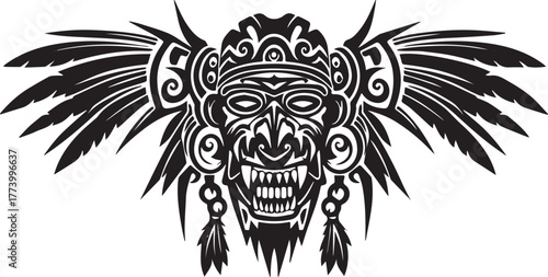 Intricate tribal artwork depicting a ceremonial icon with elabor