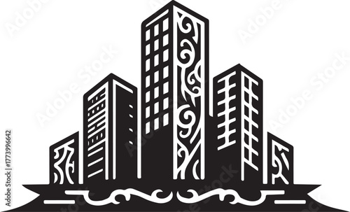 Stylized Cityscape Silhouette with Ornate Design Elements Minima
