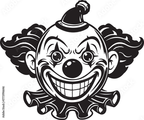 Creepy clown face in black and white design, sinister grin artwo