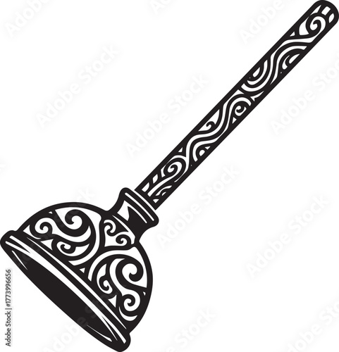 Ornate vector rendering of a toilet plunger with tribal swirl de