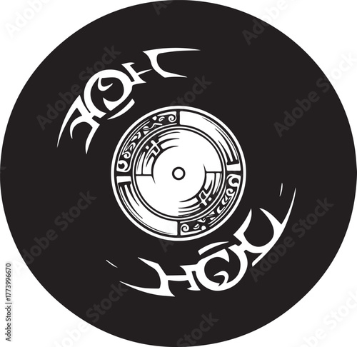 Stylized Tribal Vinyl Record Design in Black and White Illustrat