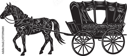 Ornate horse-drawn carriage illustration featuring tribal art in