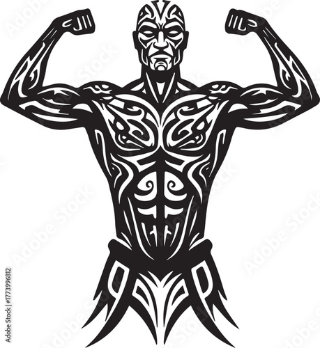 Stylized muscular figure with tribal-inspired tattoos showcasing