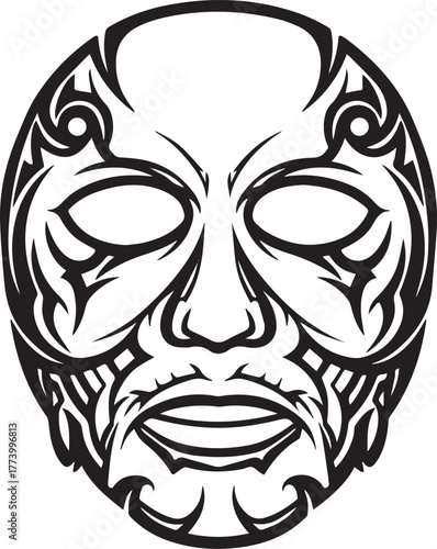 Abstract tribal face mask with swirling patterns and bold linewo