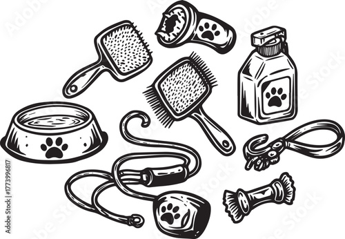Detailed black and white pet care accessories illustration for p