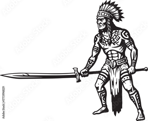 Indigenous Warrior Illustration with Detailed Tribal Markings an