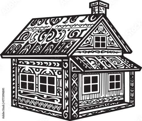 Intricate Line Art Illustration of a Tribal Style Home Structure