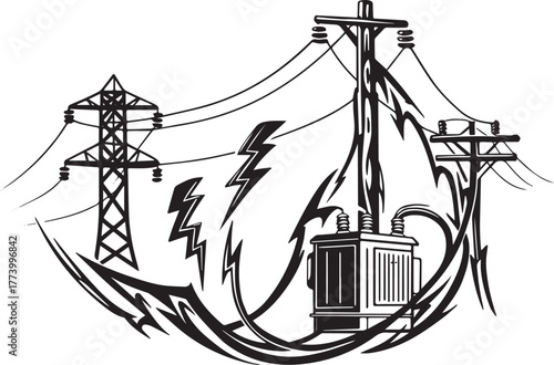 Black and white stylized illustration of electric power infrastr