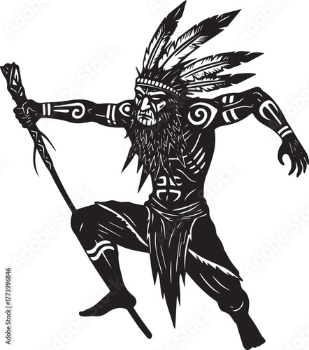 Tribal Shaman Vector Illustration with intricate Feather Headdre