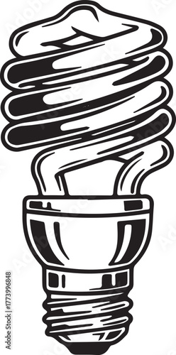 Monochrome depiction of a spiral compact fluorescent light bulb