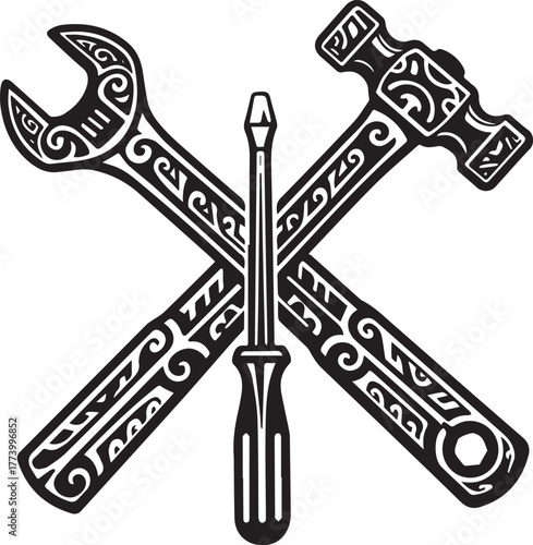 Stylized Tool Assembly Icon with Tribal Tattoo Art Style Craftsm
