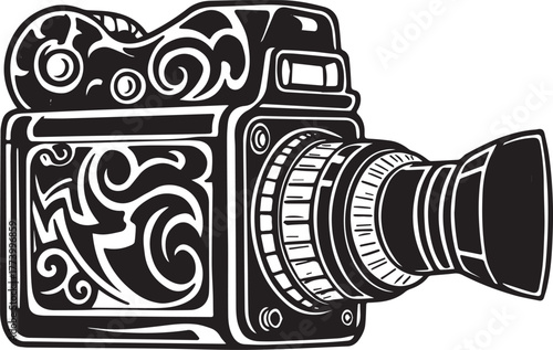 Stylized vintage film camera design, showcasing intricate tribal