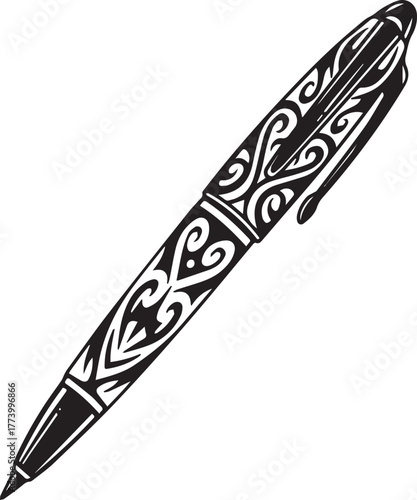Intricate fountain pen drawing with decorative tribal elements i