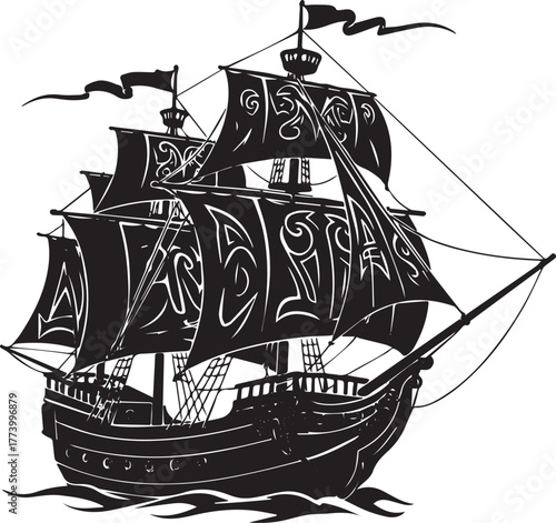 Stylized vessel illustration evoking age of exploration and mari